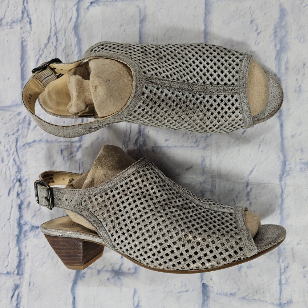 Paul Green Lois Slingback Sandals Size 7.5 Silver Metallic Laser Cut Block Heel